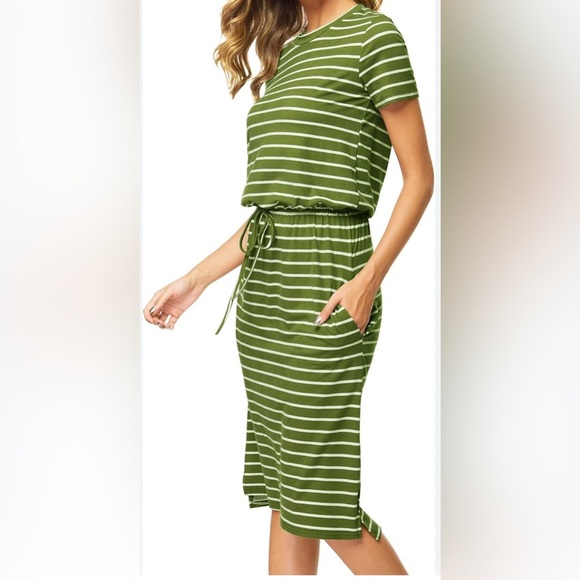 Green and White Sheath Midi Dress with Crew Neck - Picture 1 of 9